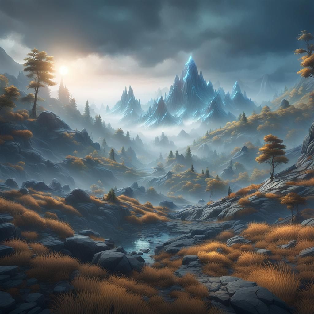 Misty Mountain Landscape in 3D Cinematic Style