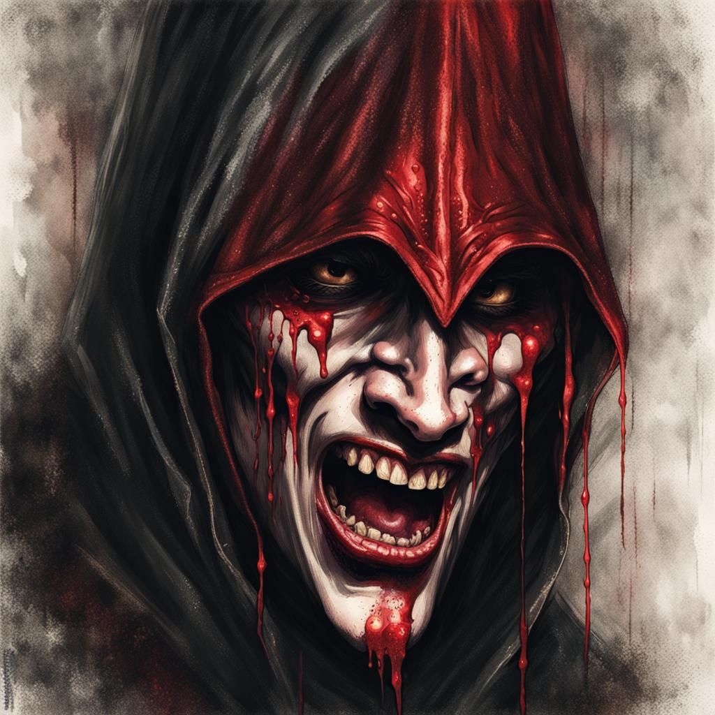 Franz von Stuck medieval art: (Crimson wicked:1.3) holographic screaming+jester+bleeding. extreme of (laughing+painlessl...