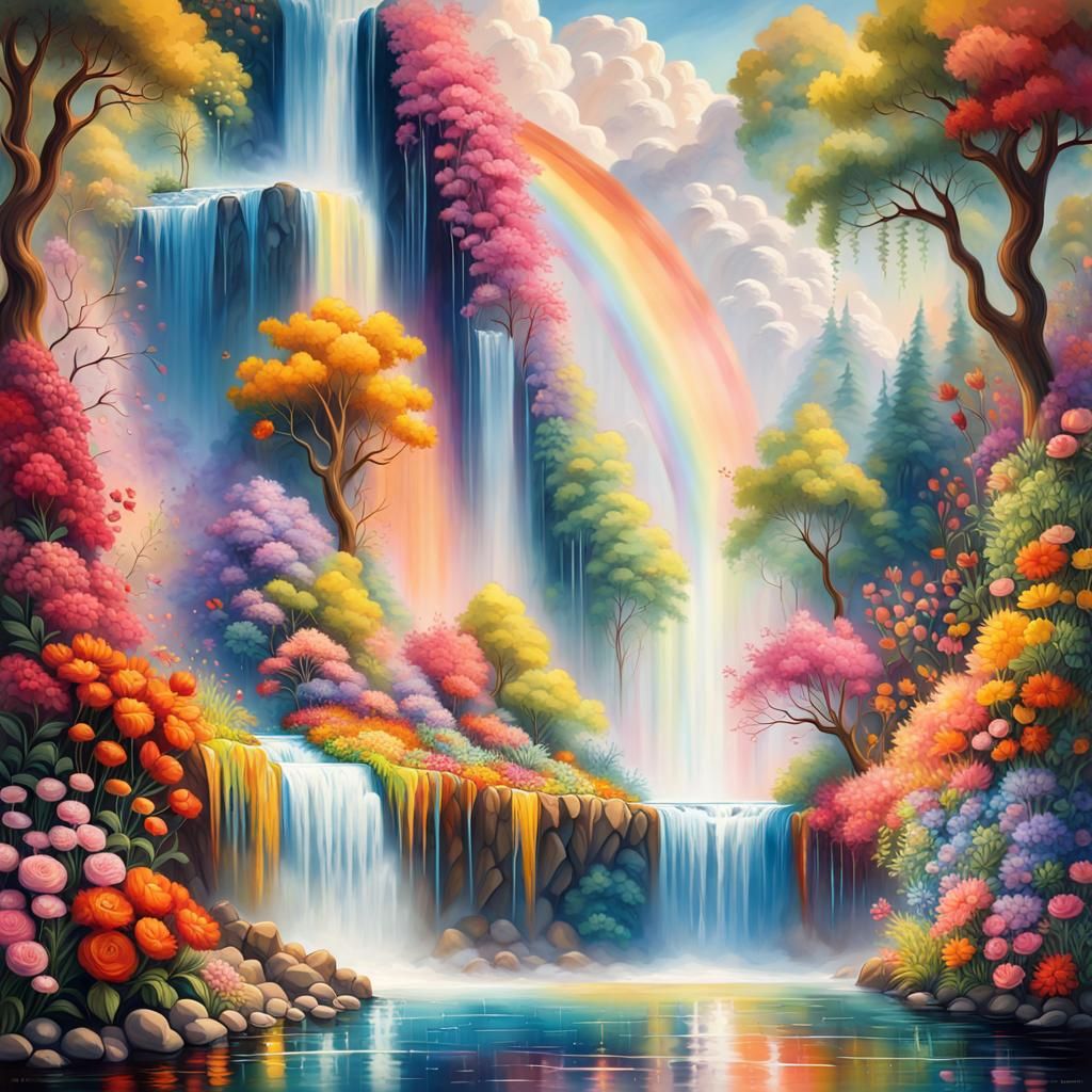 Surreal Dreamscape with Rainbow River and Flower People
