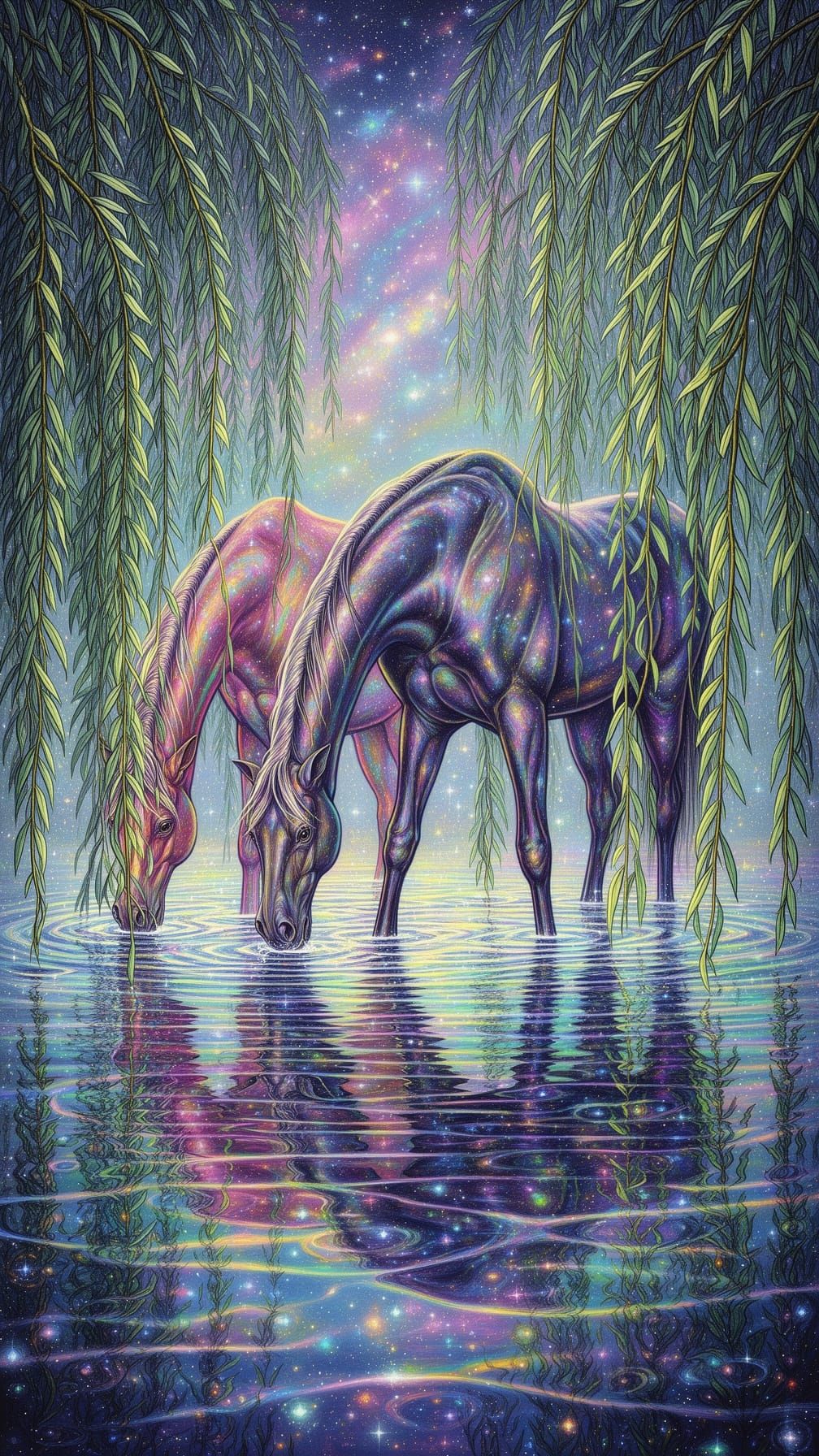 Elegant Horses Bathe in Shimmering Willow-Lined Waters