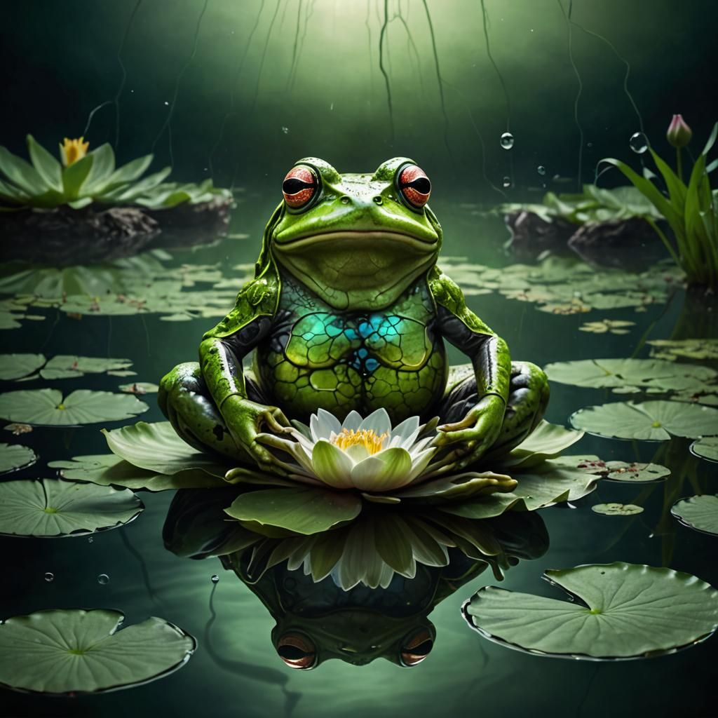 Anthropomorphic Frog in Lotus Position: Surreal Digital Art