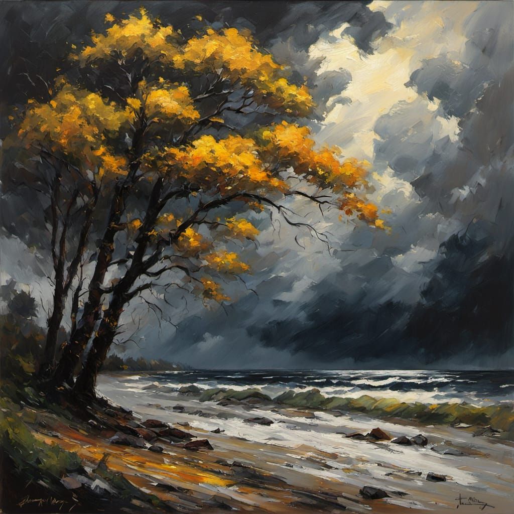 Dramatic Storm Over Trees as Impasto Oil Painting
