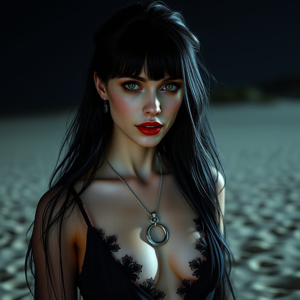 Beautiful Vampiress on a Moonlit Beach