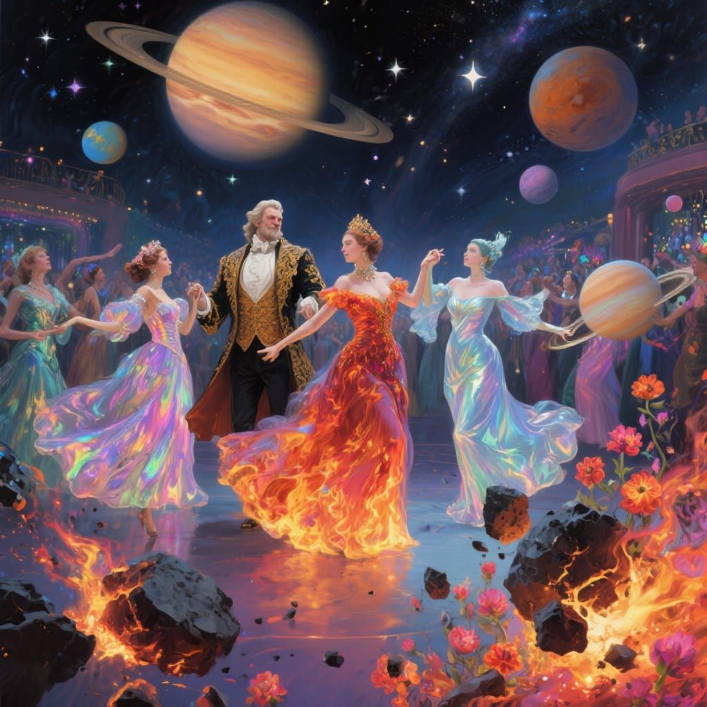 Planets Dance at Star Ball in Baroque Oil Painting Style