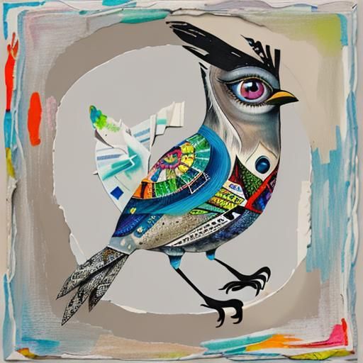 Abstract Bird Portrait in Mixed Media Collage