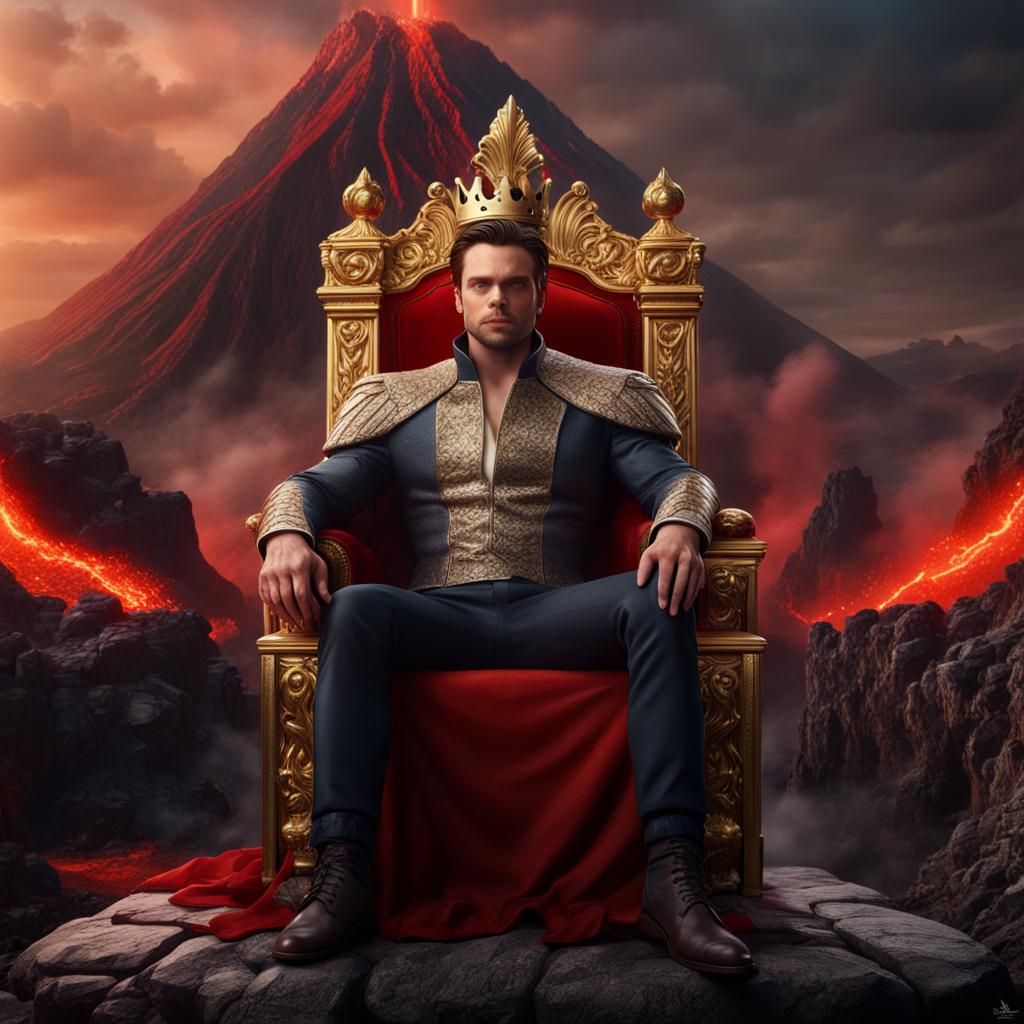 King on Throne with Volcano, Hyperrealistic Art