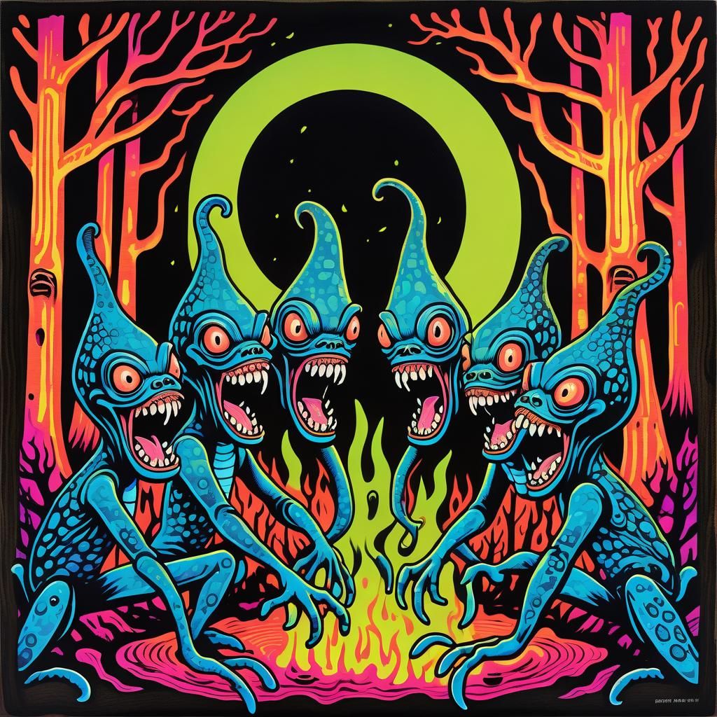 Psychedelic Woodblock Print: Gremlin Squids in Charred Fores...