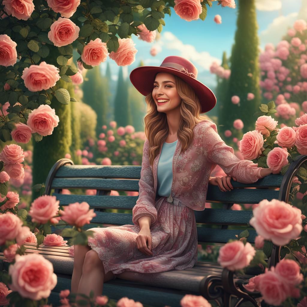 Woman in Rose Garden: Detailed Matte Painting