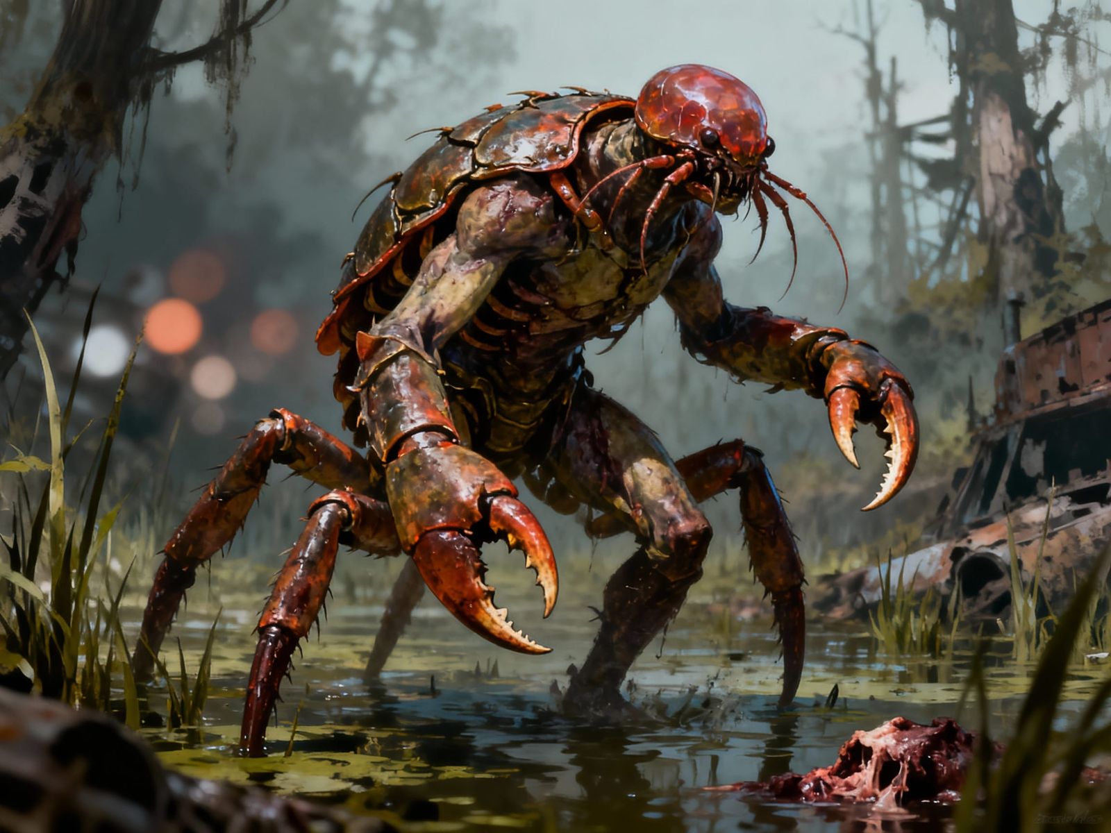 Monstrous Insect-Crab Man in Post-Apocalyptic Swamp