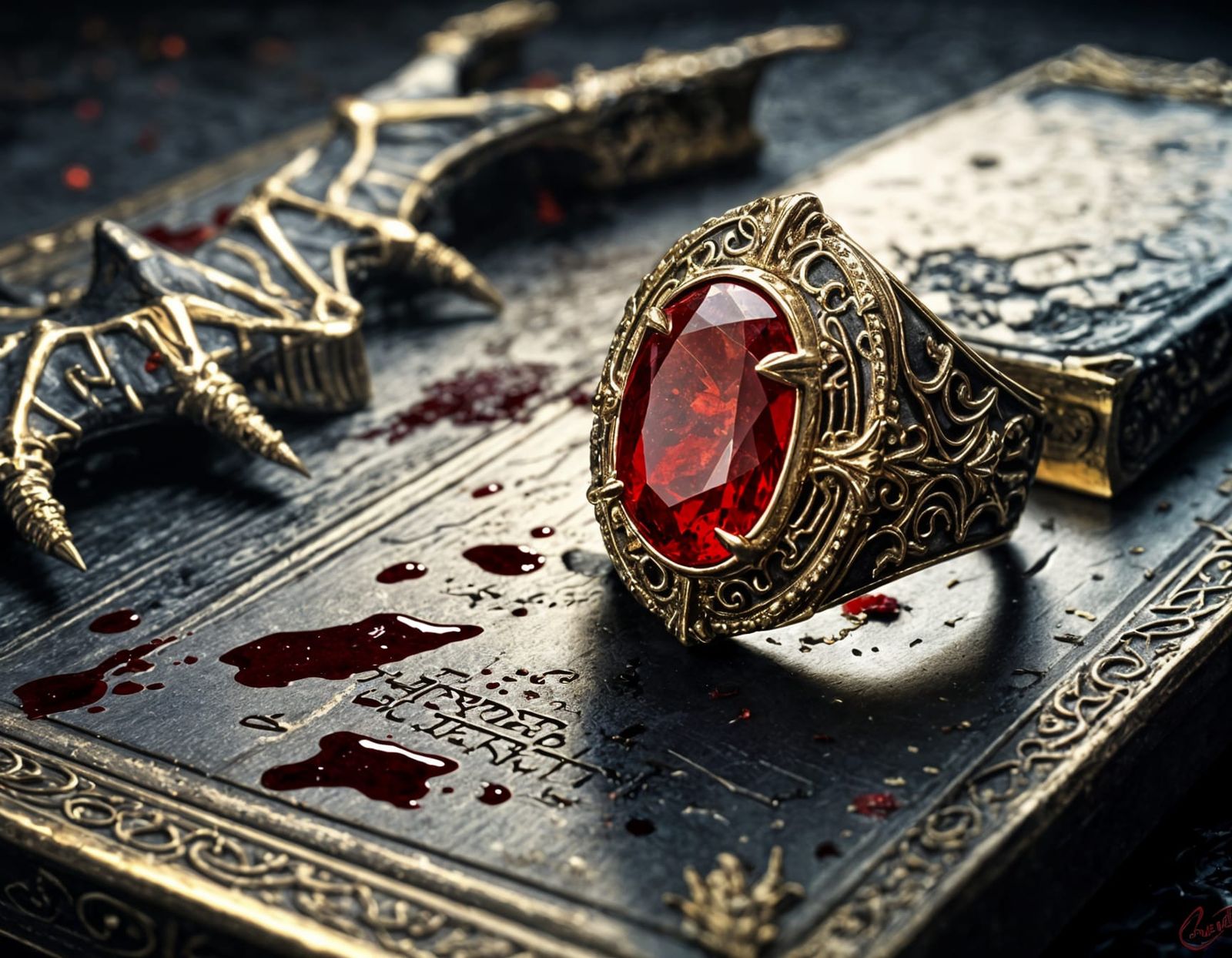 Cursed Dracula Ring with Ruby in Horror Art Style