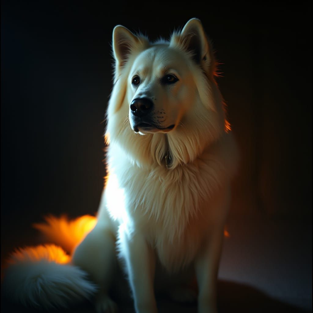 Regal White Dog in Moody Cinematic Lighting