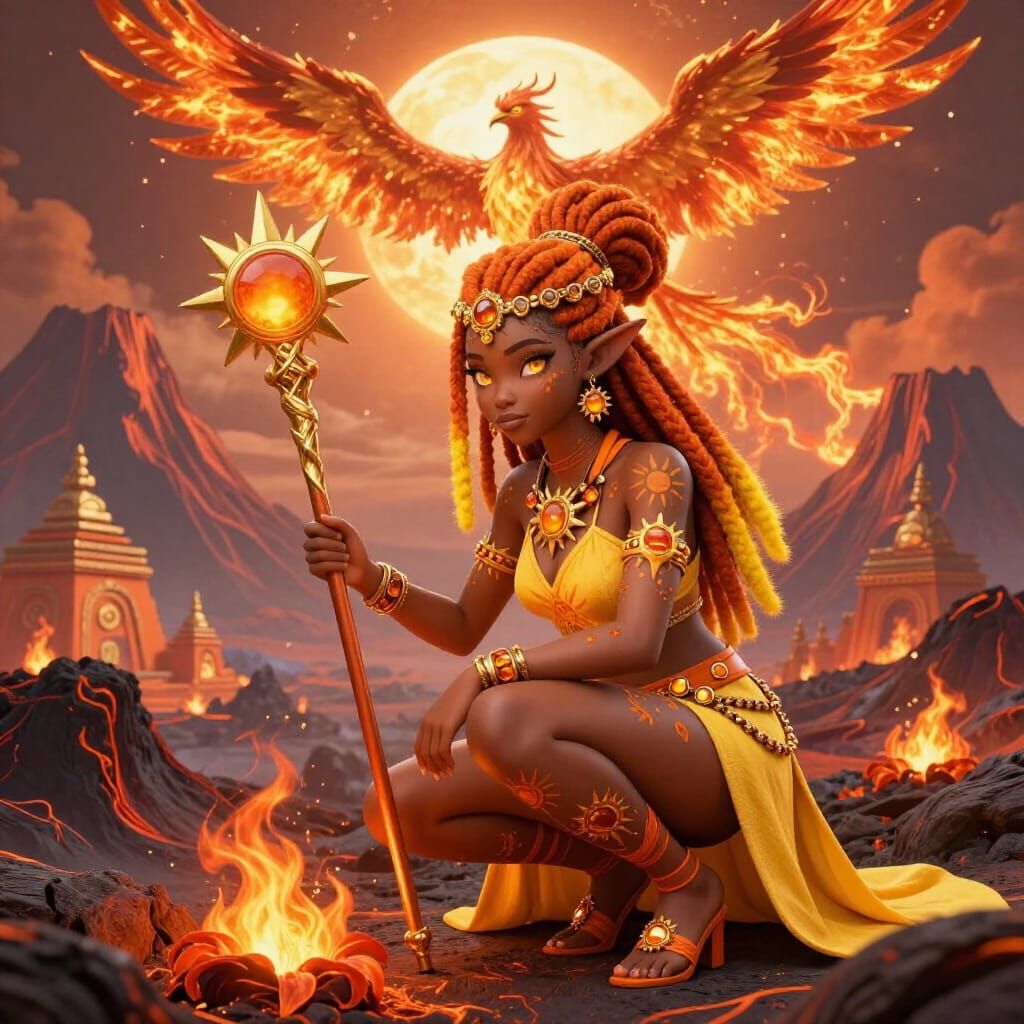 Seductive Elf with Orange Dreadlocks Gathering Fire Flowers