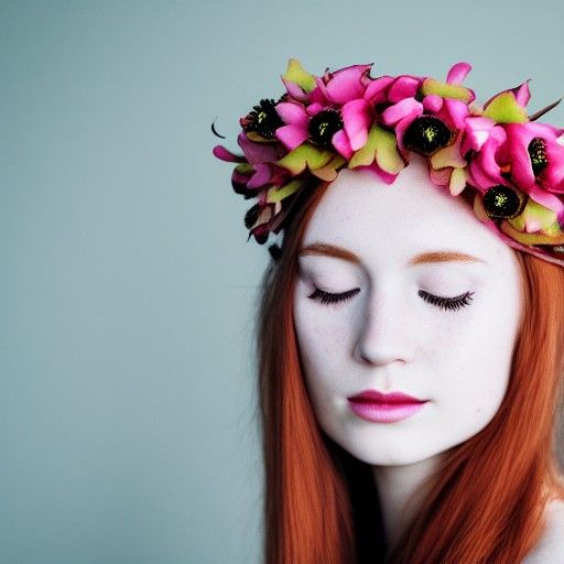 Redhead with Flower Crown in Vogue Style