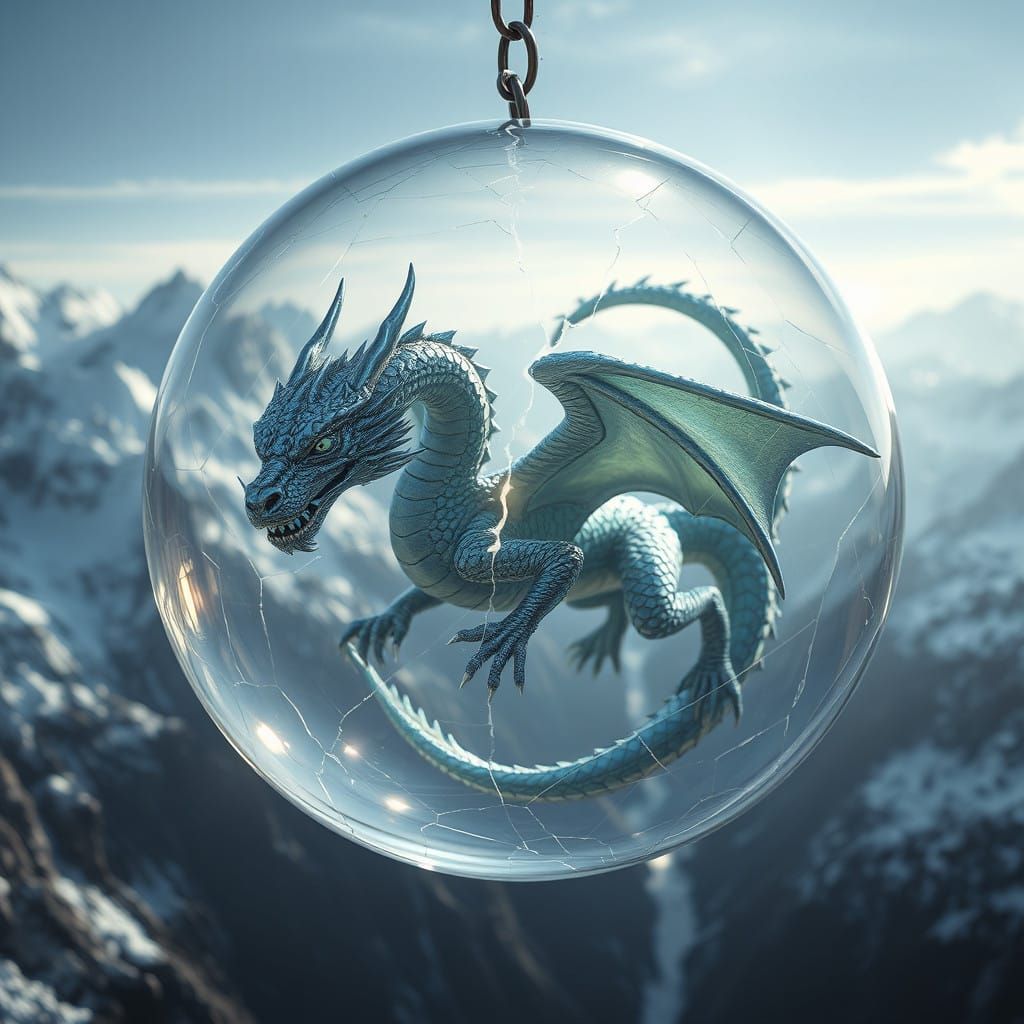 Surreal Dragon Suspended in Crystal Glass Orb Amidst Snow-Ca...