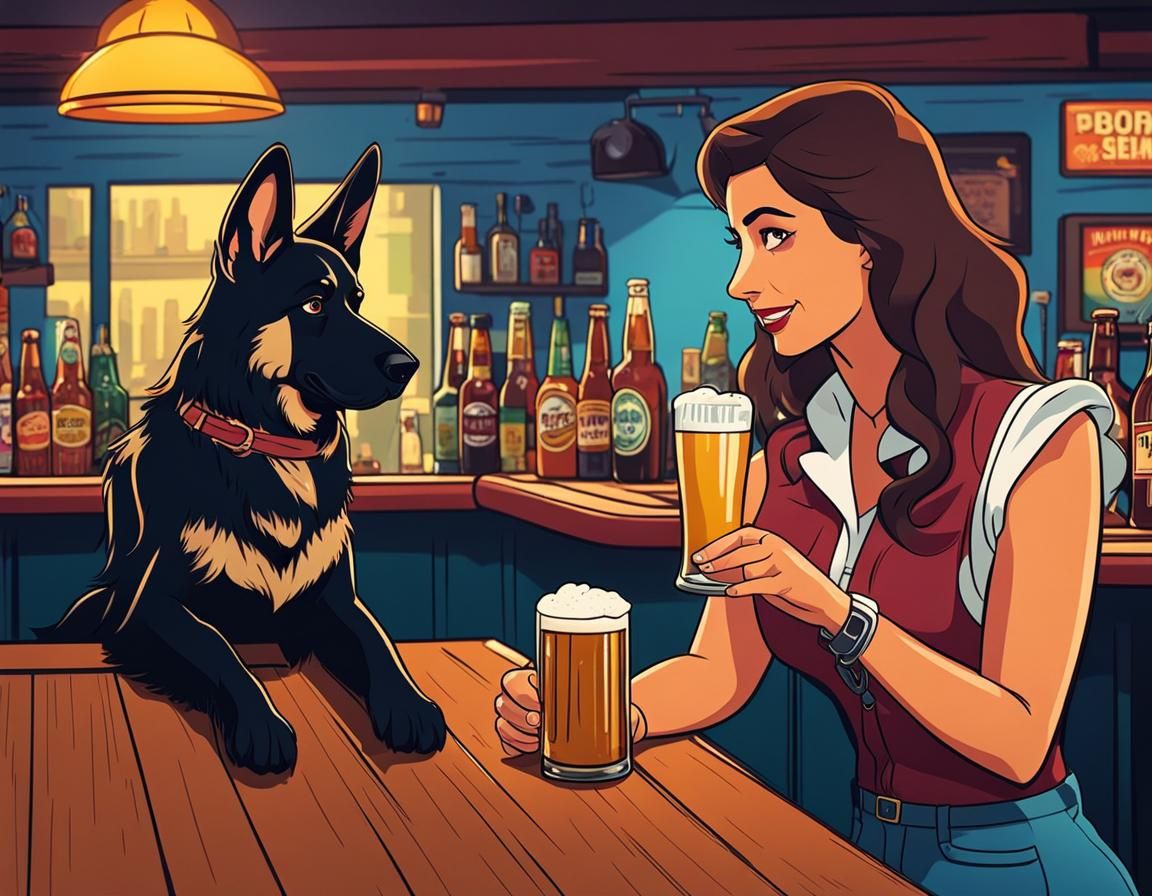 German Shepherd Bartender Serves Beer: Animated Style
