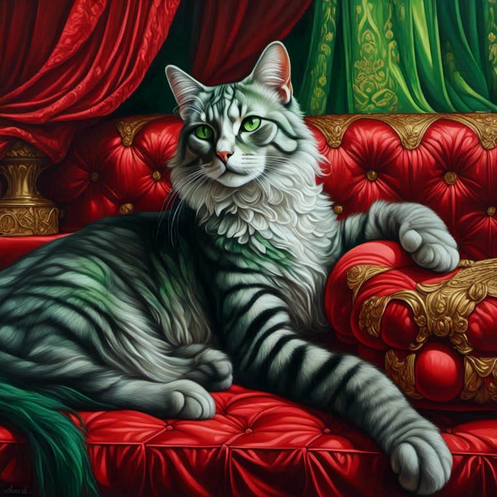 Gray Tabby Cat on Velvet Bed in Oil Painting Style