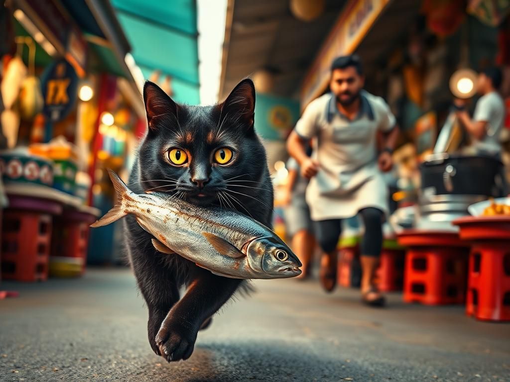 A black cat has just stolen a fish