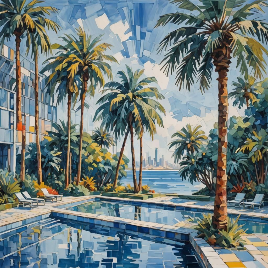Palm Pool View in Gouache Impressionist Style