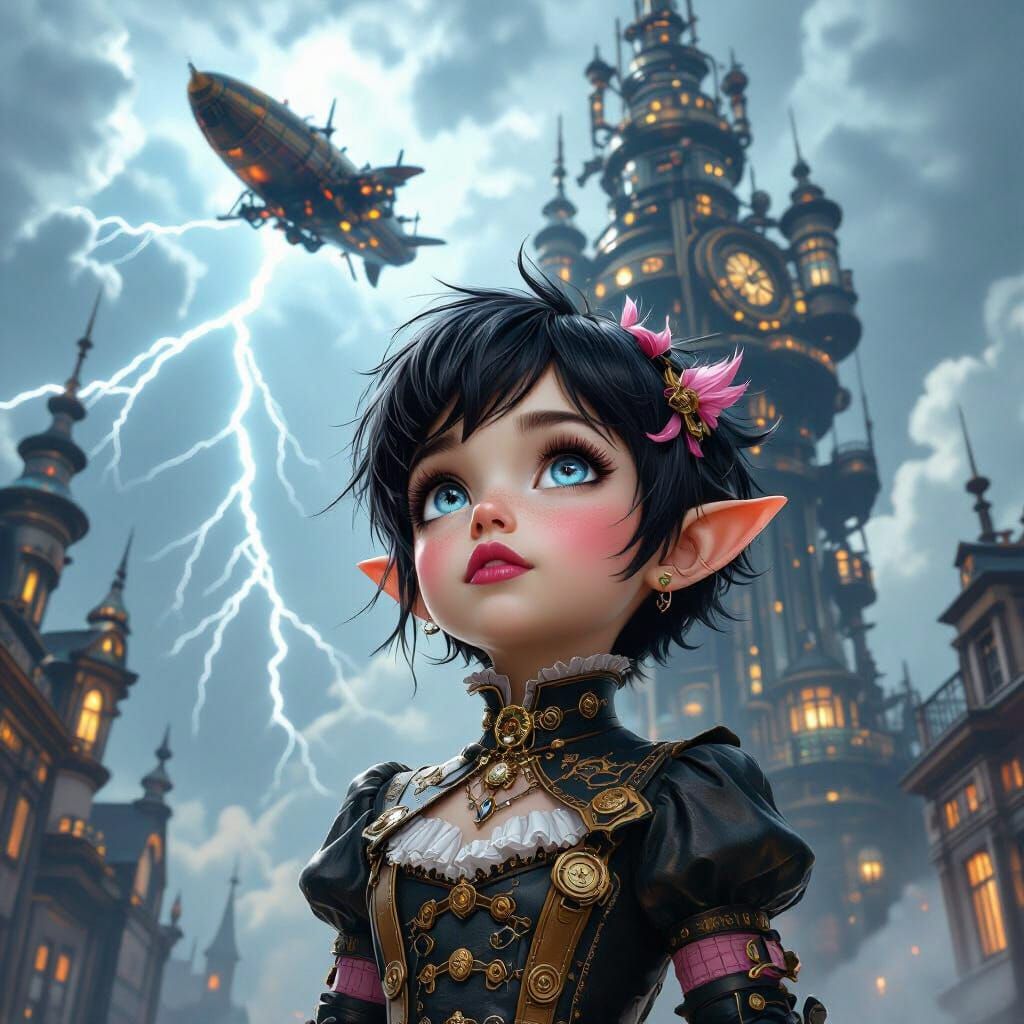 Petite Elvish Girl in Steampunk Attire Under Stormy Sky