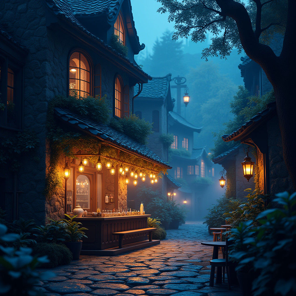 Mystical Night Cafe in Dreamlike Cityscape