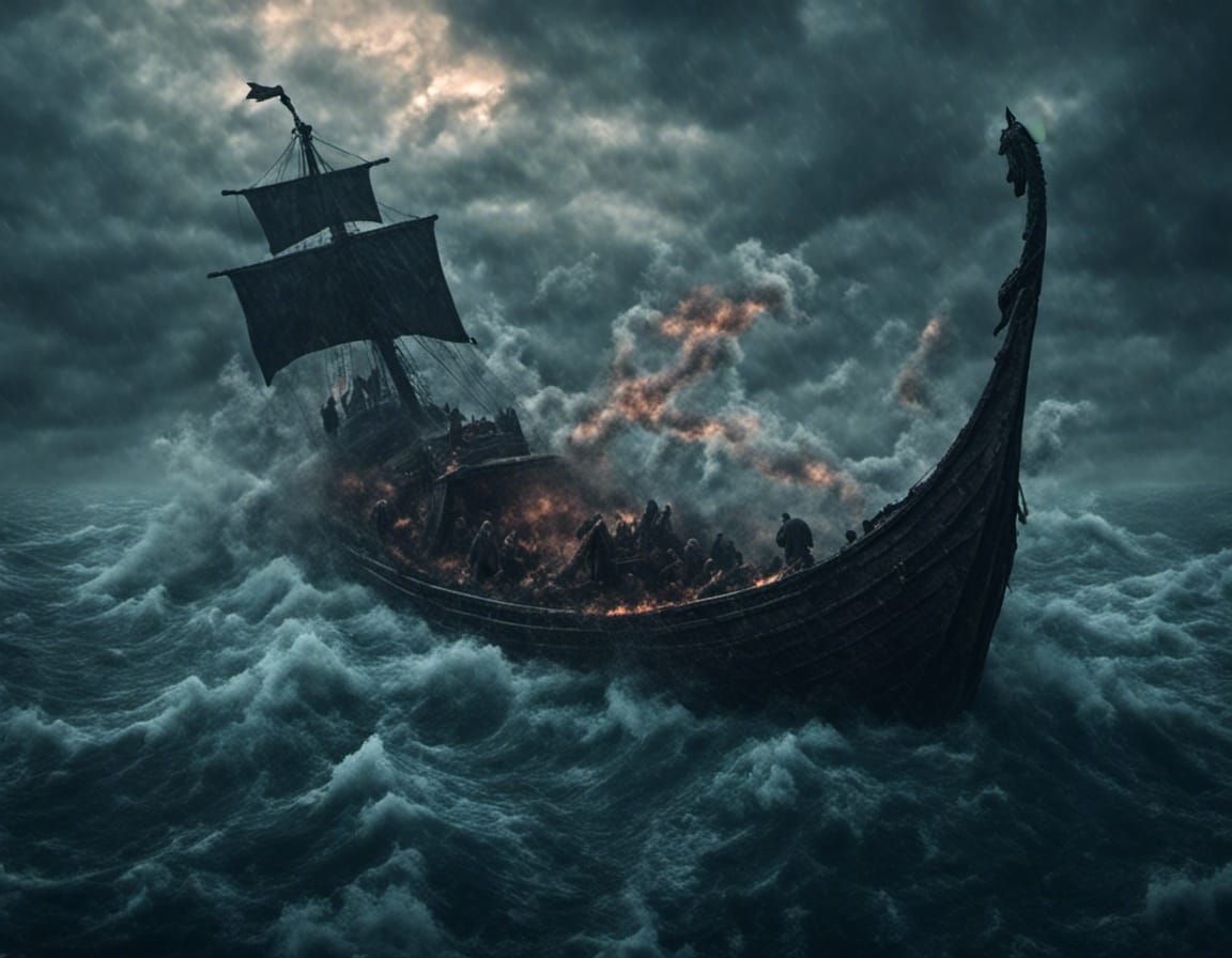 Viking Longboat in Stormy Seas with Sea Serpent