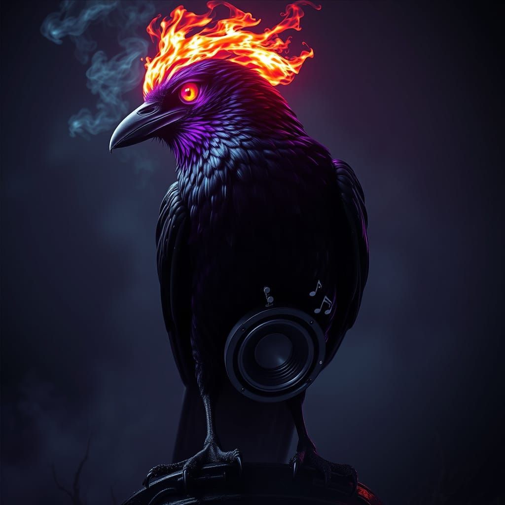 Cyberpunk Crow with Subwoofer and Swirling Smoke