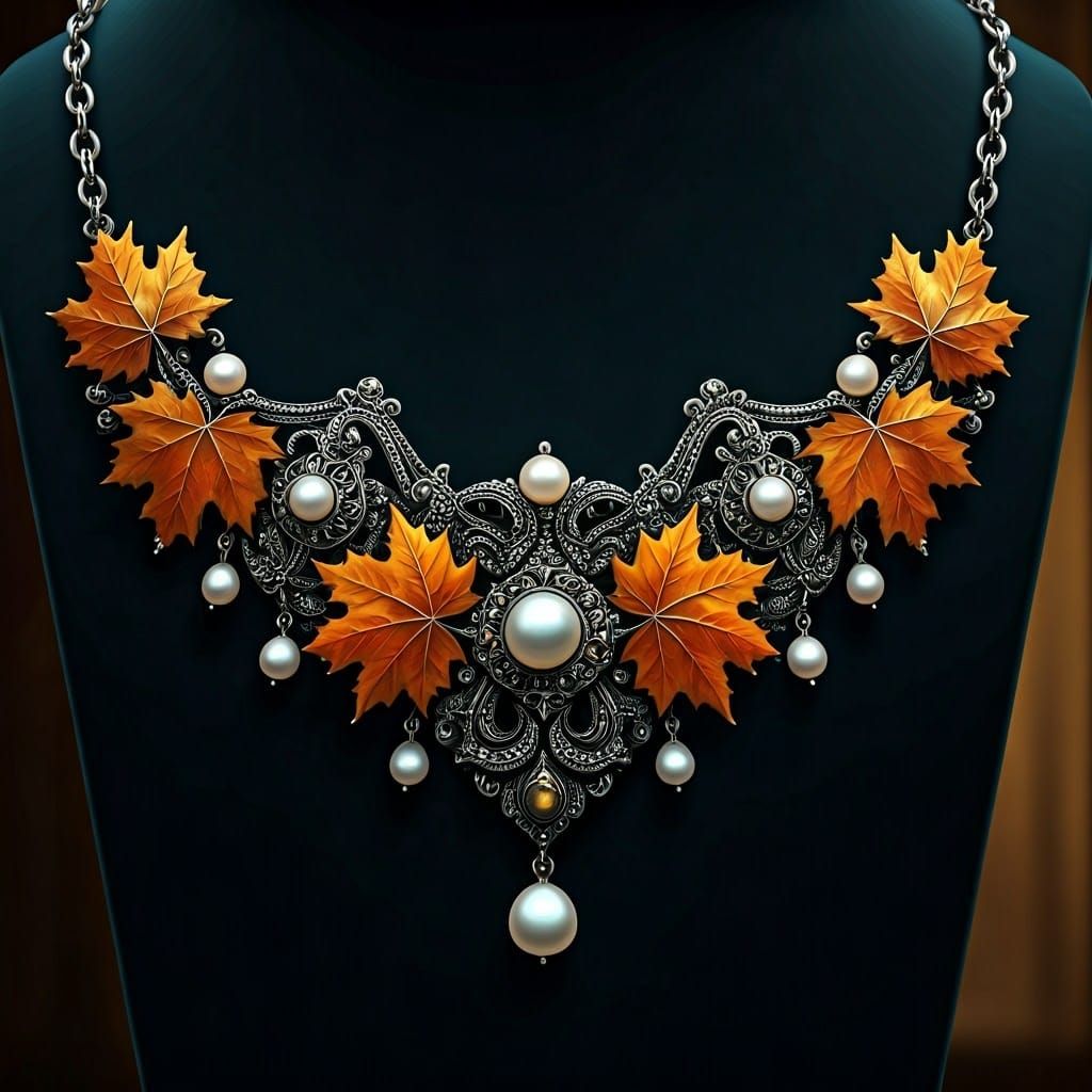 Antique Silver Maple Leaf Necklace with Enamel Details