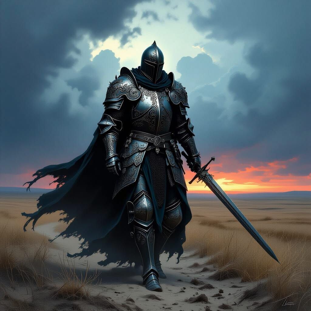 Gothic Knight on Windswept Plain in Twilight Storm