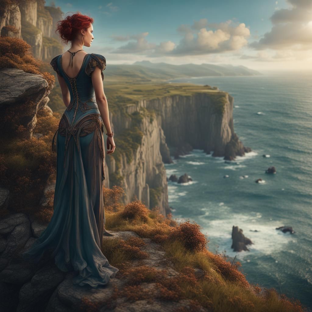 Art Nouveau Woman Overlooking Ocean from Cliff