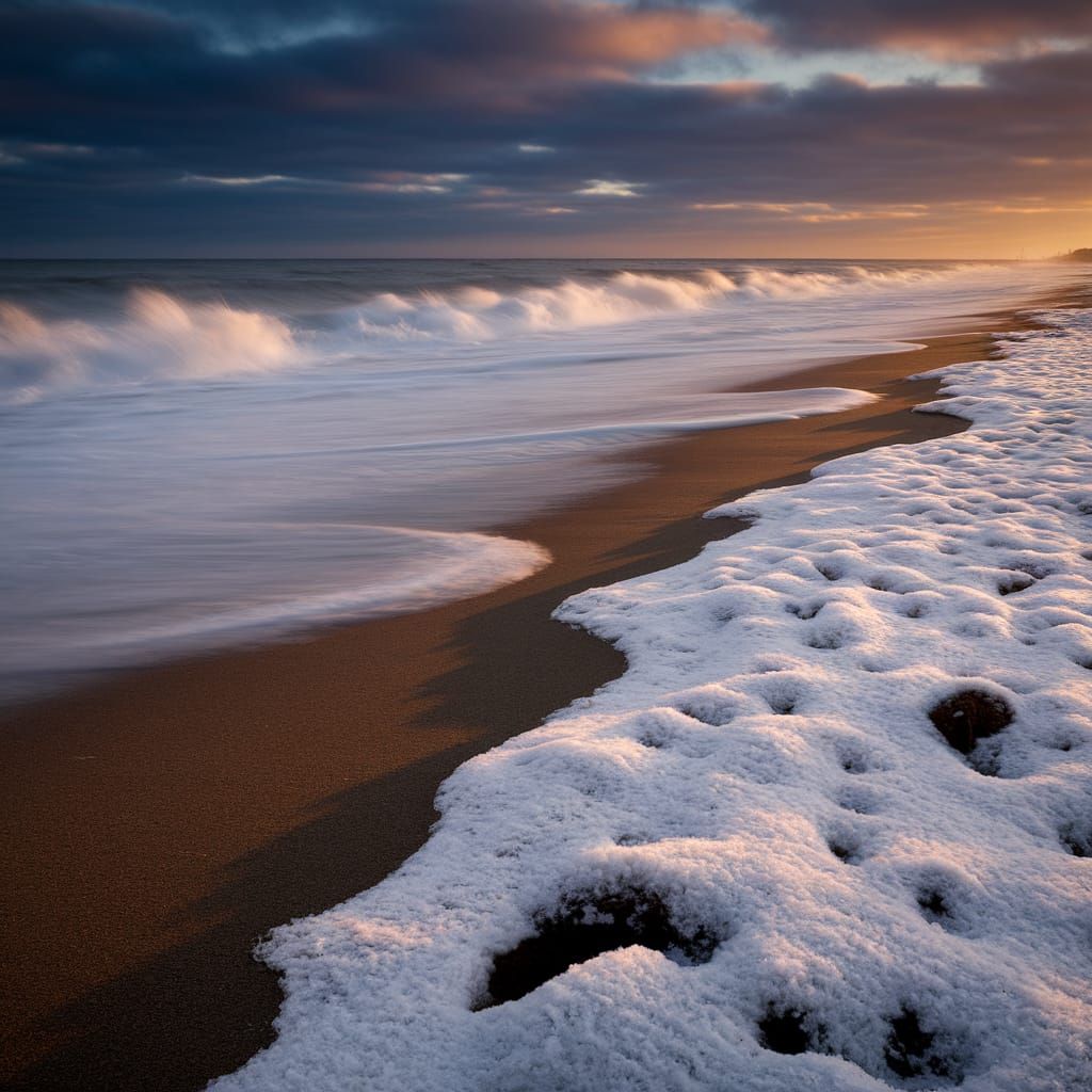 Icy Winter Beach with Dramatic Lighting