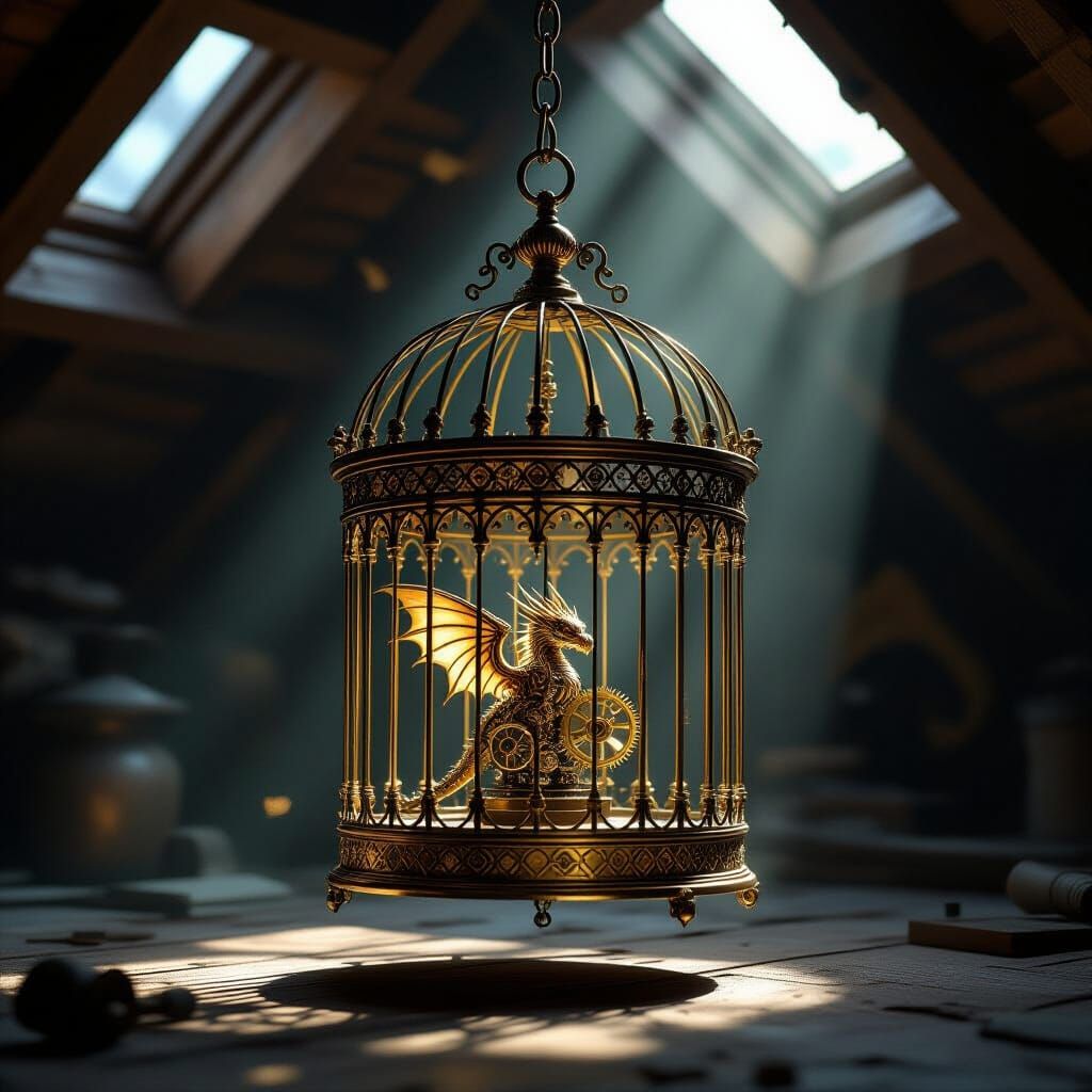 Antique Birdcage Holds Miniature Clockwork Dragon