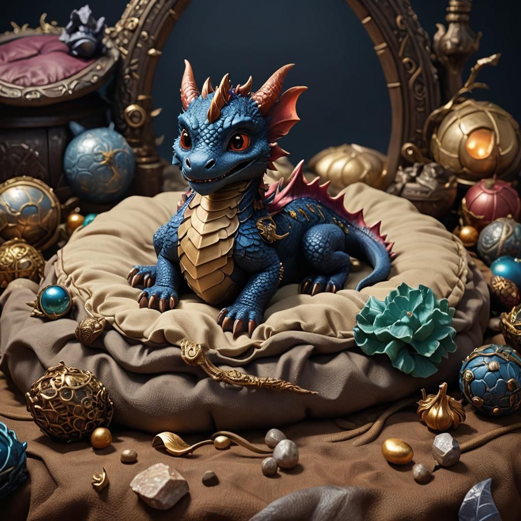Cute Miniature Dragon on Dog Bed: Fantasy Art
