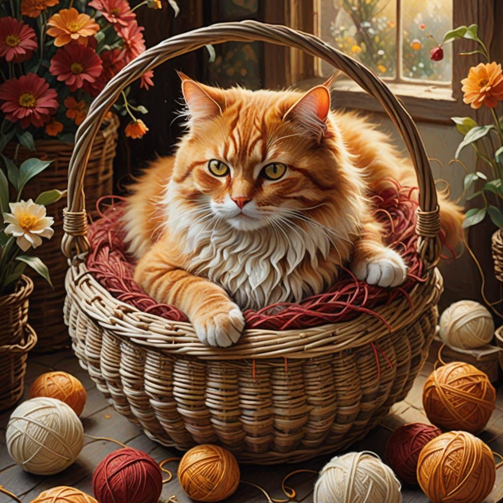 Whimsical Cat Amidst Vibrant Yarns in a Golden Light
