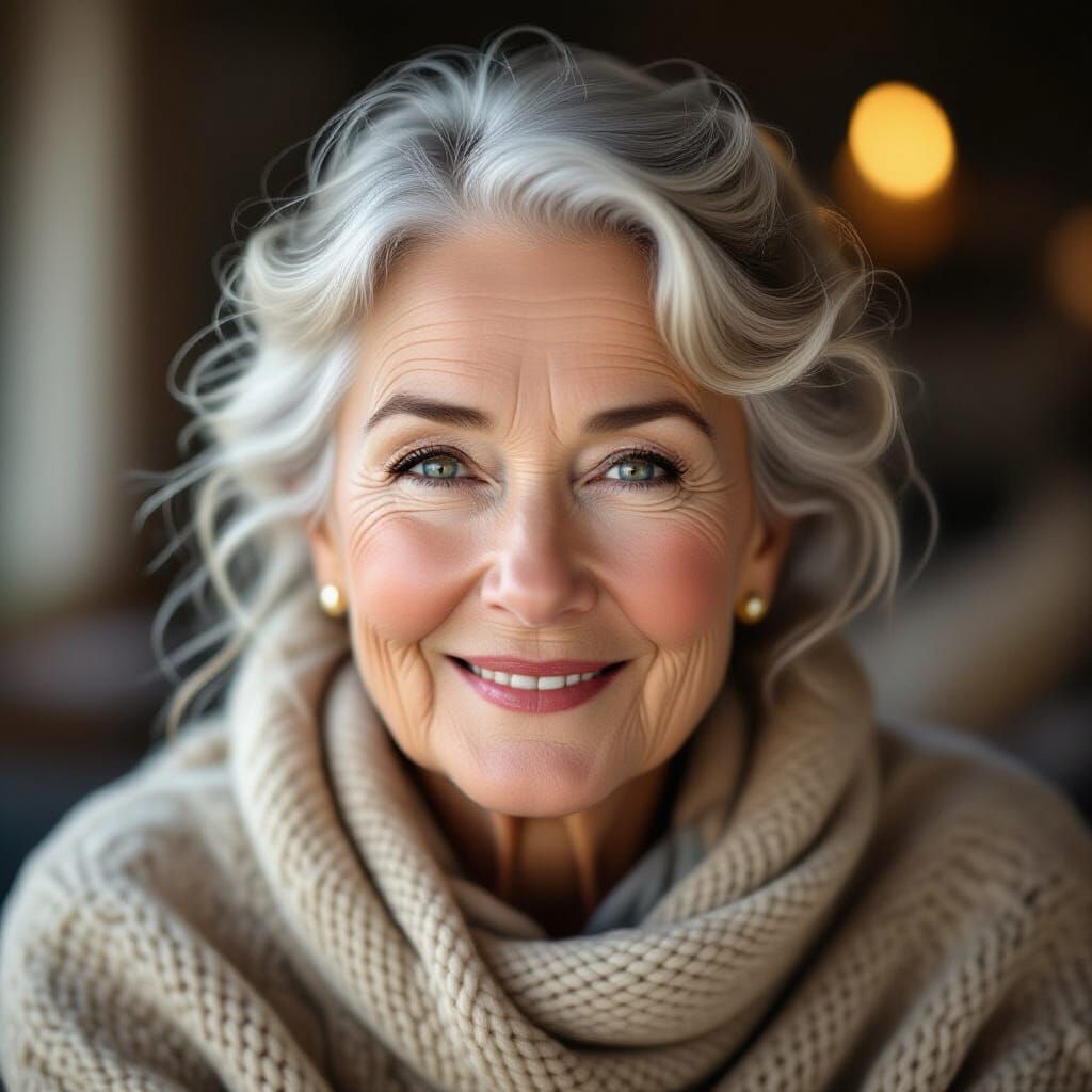 Photorealistic Portrait of Kind Elderly Woman with Knitted S...