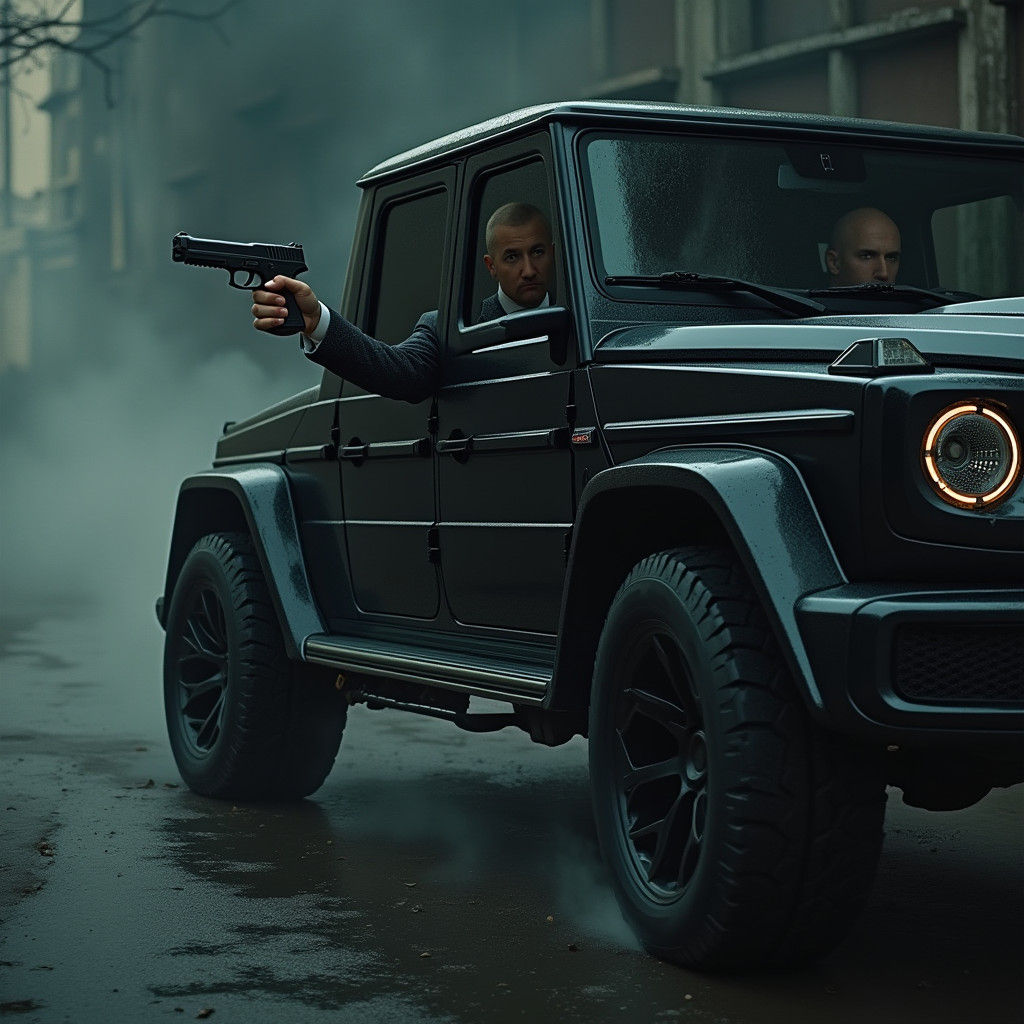 Stern Man in Armored Car Gripping Pistol
