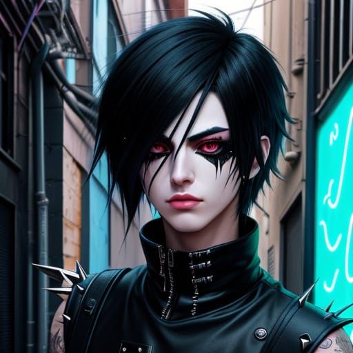 Emo Character in Neon Alley, Surreal Digital Art