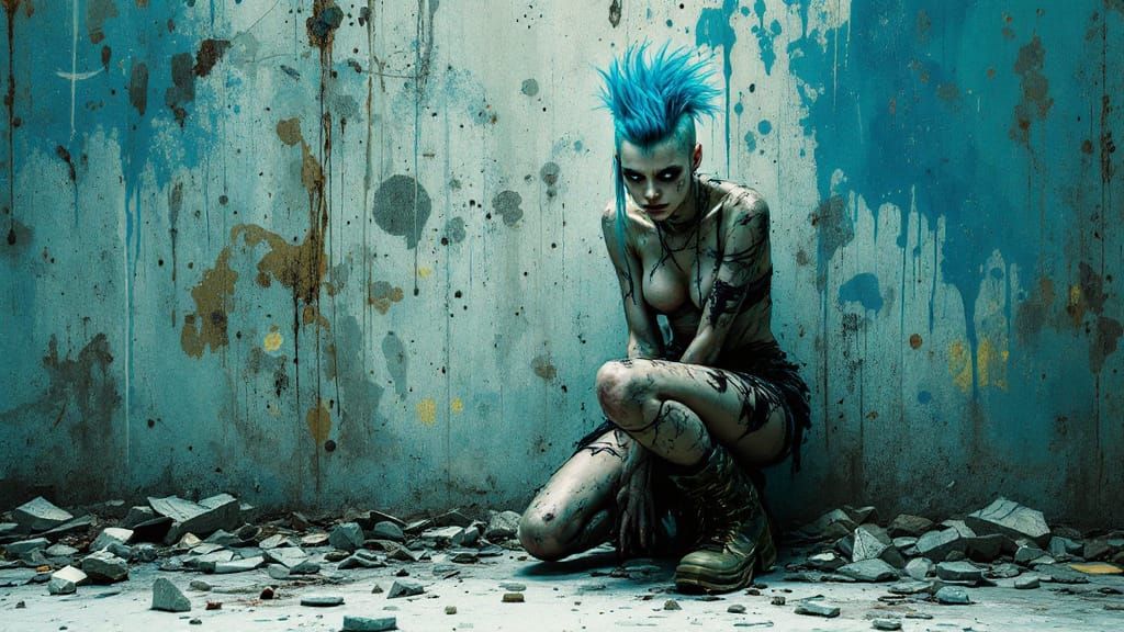 Punk Woman Defying Gravity in Dystopian Urban Decay