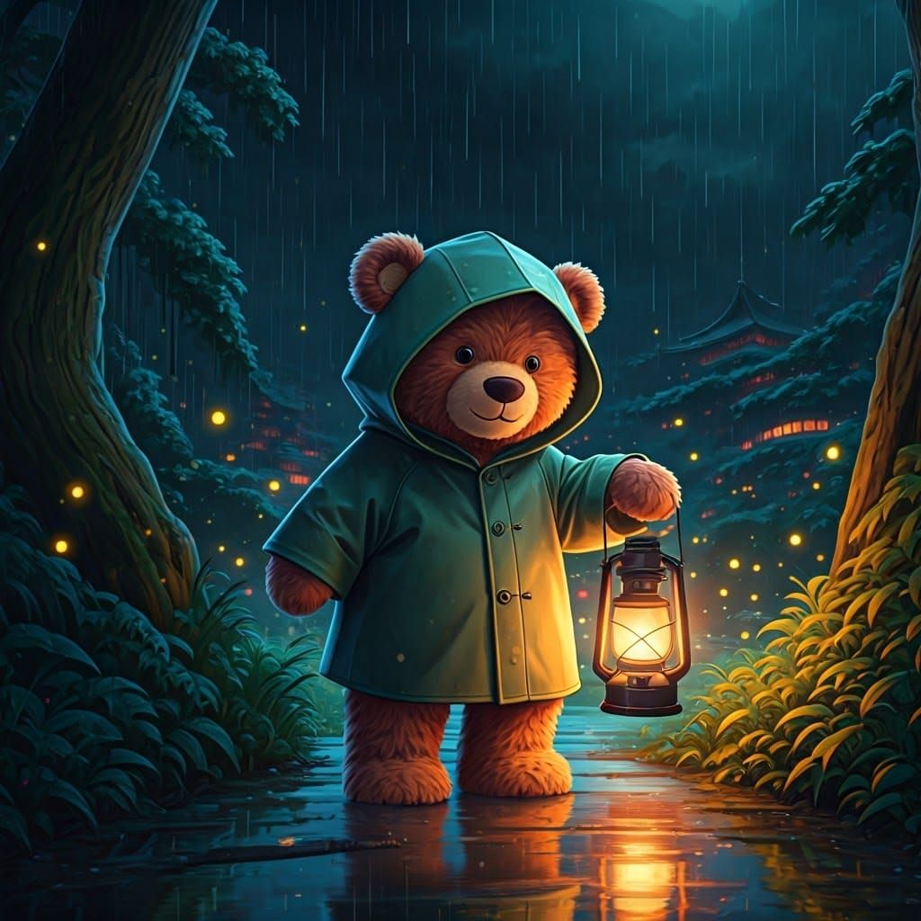 Teddy Bear in Rainy Japan: A Pixar Animation