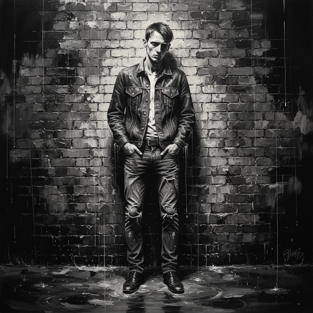 Melancholy Man in Alleyway: Ink Splash Portrait