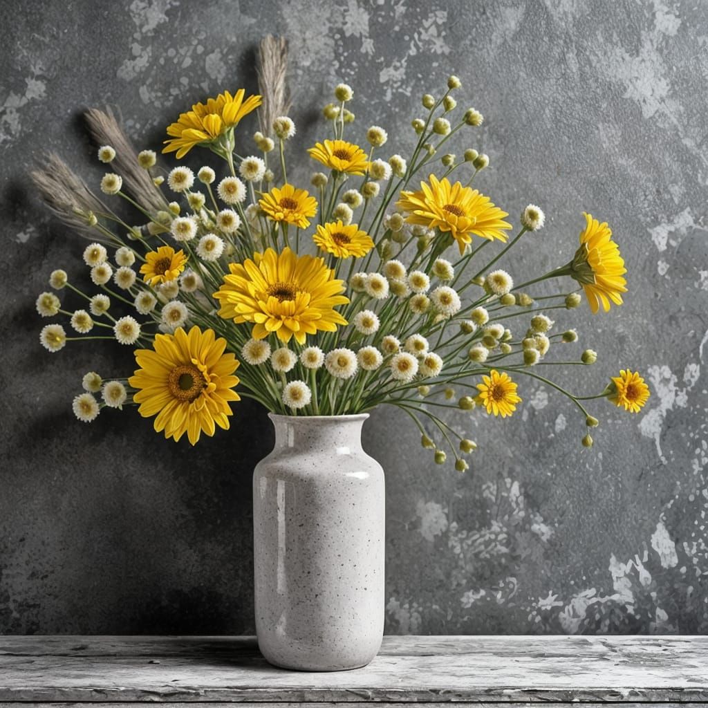 Monochrome Floral Still Life with Yellow Accent