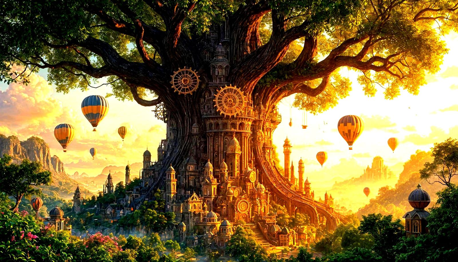 Steampunk City Inside Ancient Tree, Hyperrealistic