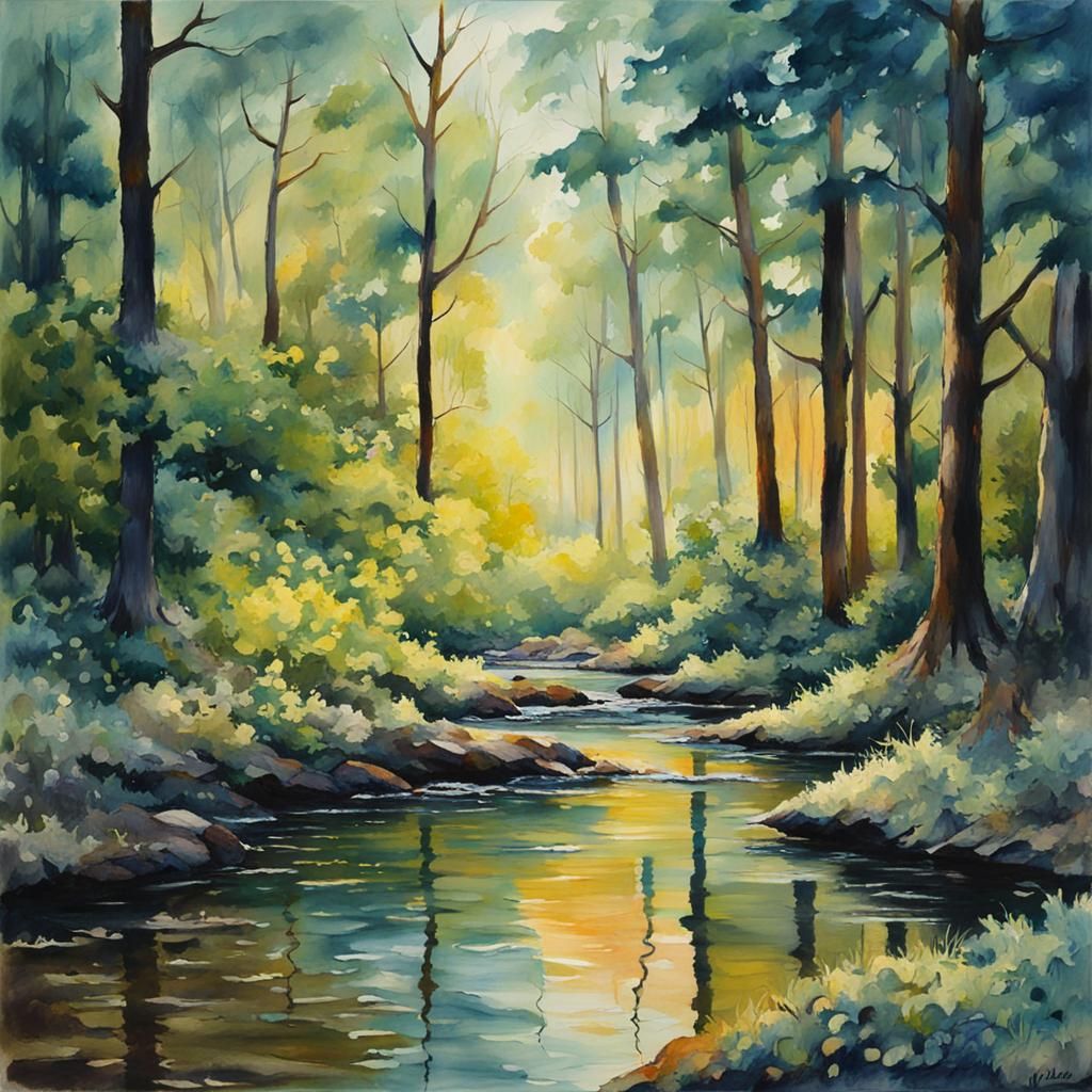 Impressionist Woman in Forest Clearing Gouache Painting