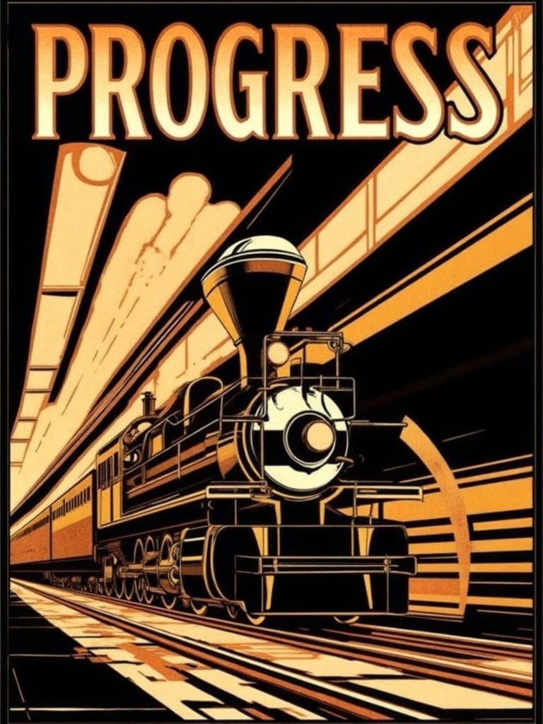 Vintage-Style Art Deco Poster of a Speeding Train with Bold,...