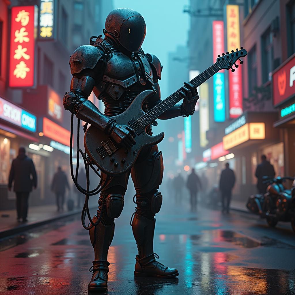Cyberpunk Rockstar Cyborg in Dystopian Cityscape