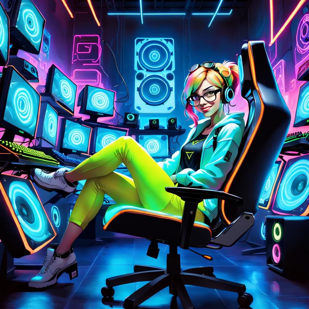 Nerdy Girl in Neon Gaming Room, Hyperdetailed