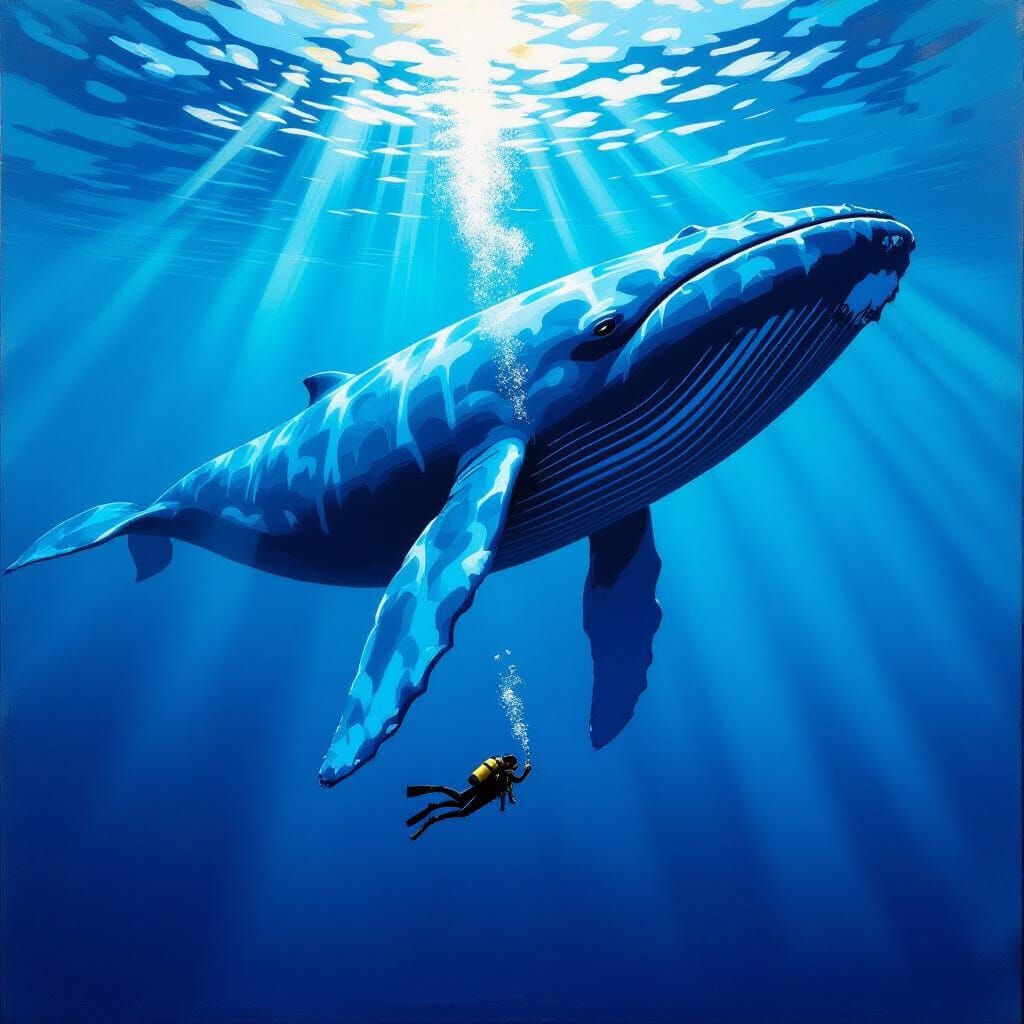 Colossal Whale and Scuba Diver in Hyperrealistic Impasto Sty...