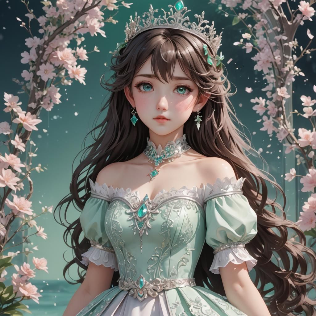 Anime Princess with Sea Green Eyes and Silver Crown