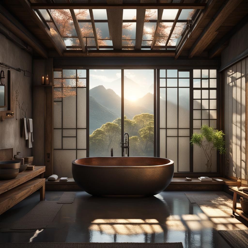 Wabi Sabi Industrial Bathroom with Sunrise Light
