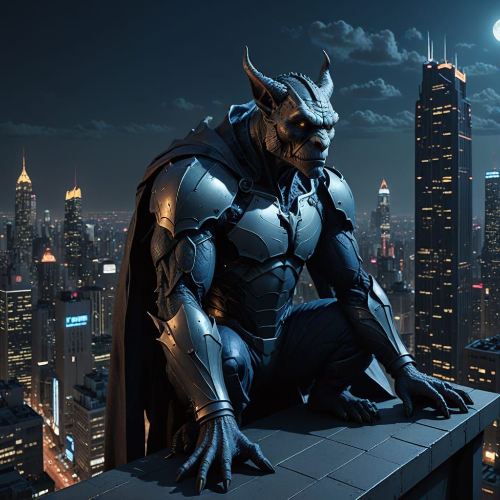 Gargoyle in Silver Suit Adorns City Rooftop Under Starry Nig...