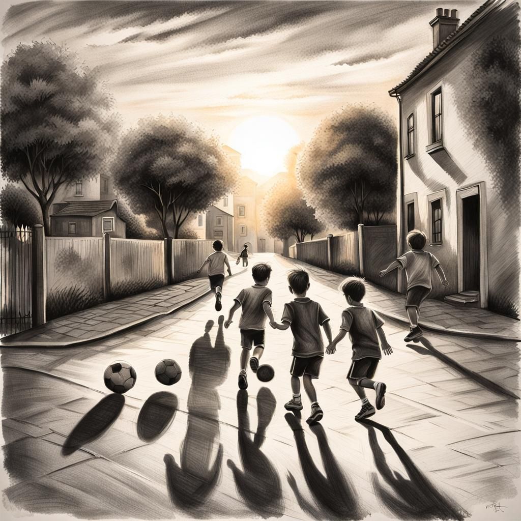 Children Play Football at Sunset: Charcoal Drawing